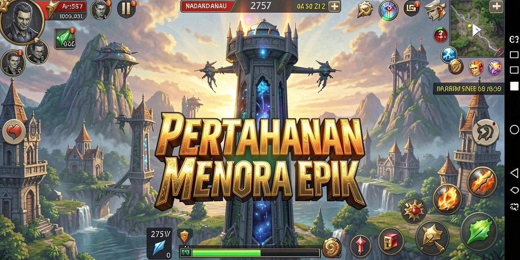 Screenshot gameplay Tower Defense yang penuh aksi.