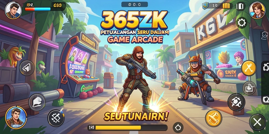 Screenshot utama menunjukkan karakter menjalani tantangan seru di dunia arcade.