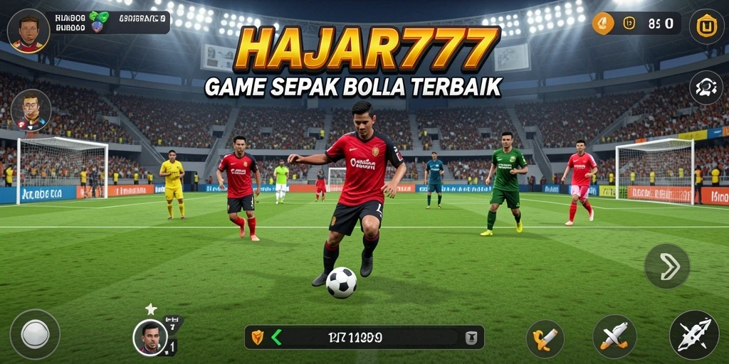 Screenshot utama menunjukkan aksi mendebarkan pertandingan sepak bola.