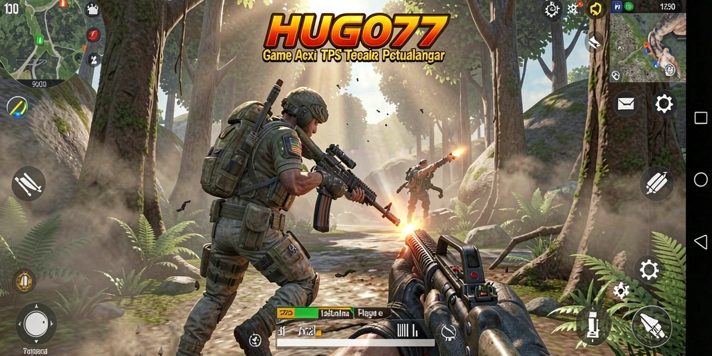 Screenshot utama HUGO77 menampilkan aksi tembak-menembak yang seru dan grafis yang memukau.