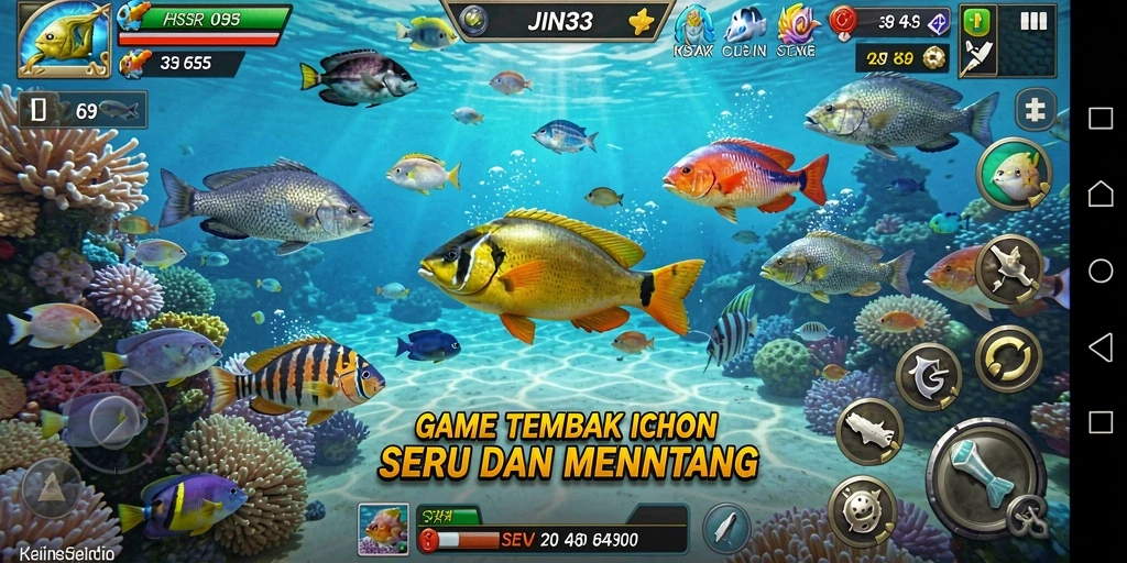 Tampilan gameplay seru JIN33 saat menembak ikan di bawah laut.