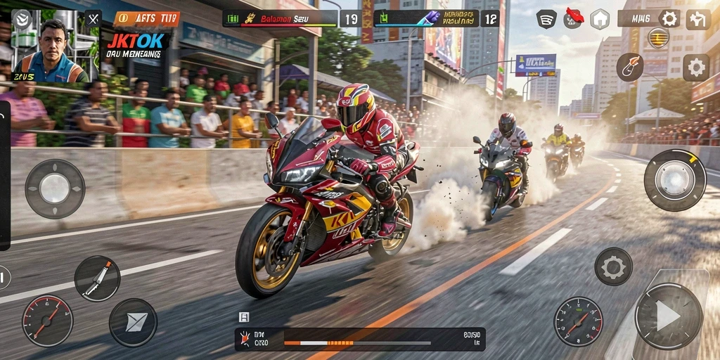 Screenshot JKTOK memperlihatkan aksi balapan motor yang seru.