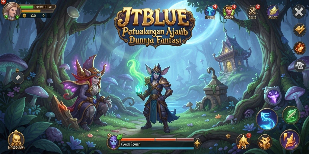 Tampilan gameplay JTBLUE dengan karakter menjelajahi hutan misterius.