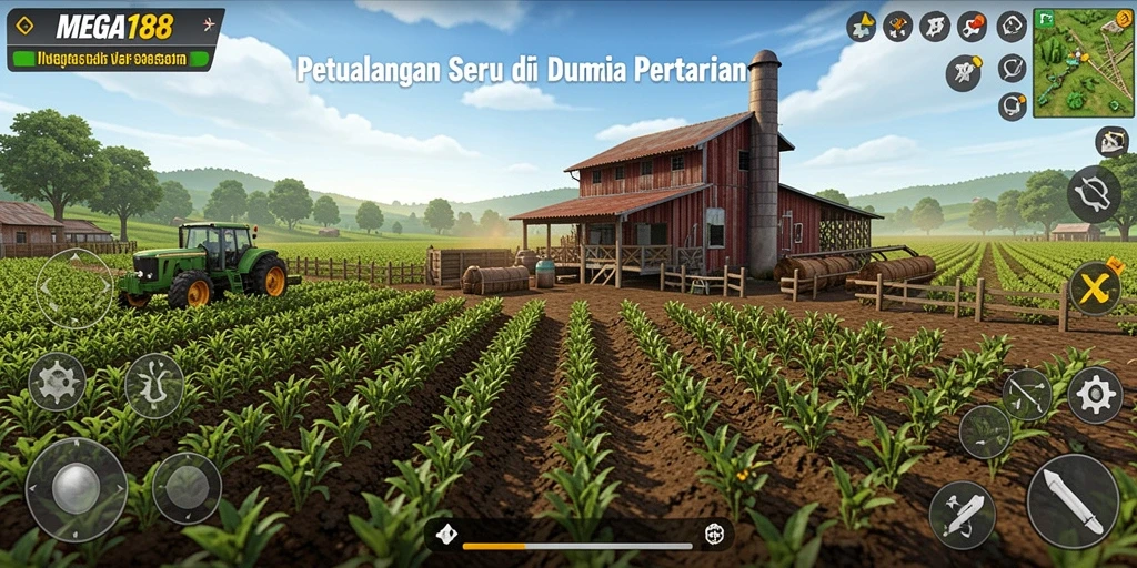 Tampilan gameplay MEGA188 yang menampilkan ladang pertanian yang luas dan indah.