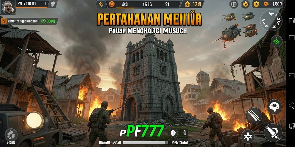 Screenshot gameplay PF777 menunjukkan pertahanan menara yang menakjubkan melawan gelombang musuh.