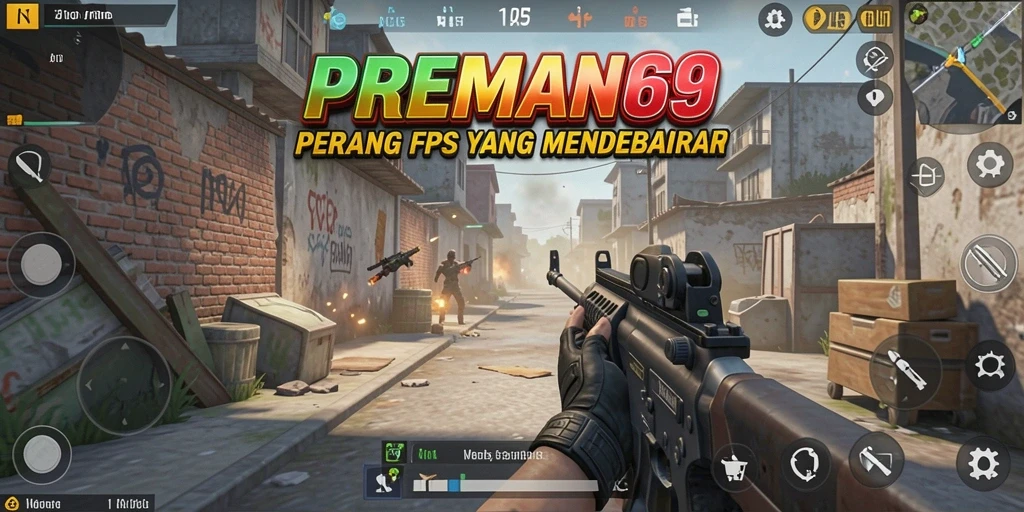 Screenshot utama PREMAN69 menampilkan aksi tembak-menembak yang mendebarkan.