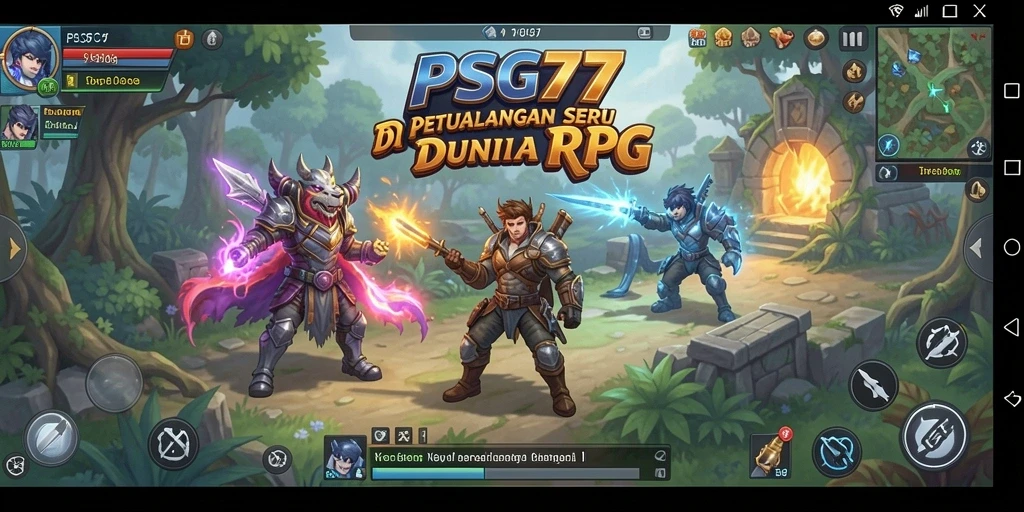Screenshot utama menunjukkan aksi pertarungan epik di RPG PSG77.
