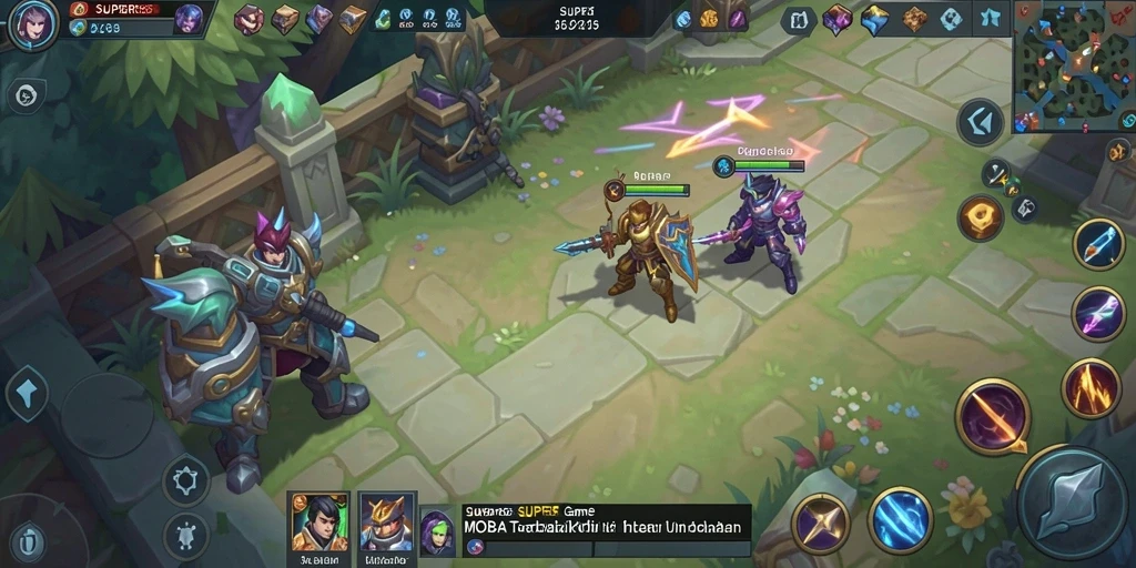 Screenshot utama SUPER5 menampilkan aksi intens di arena MOBA.